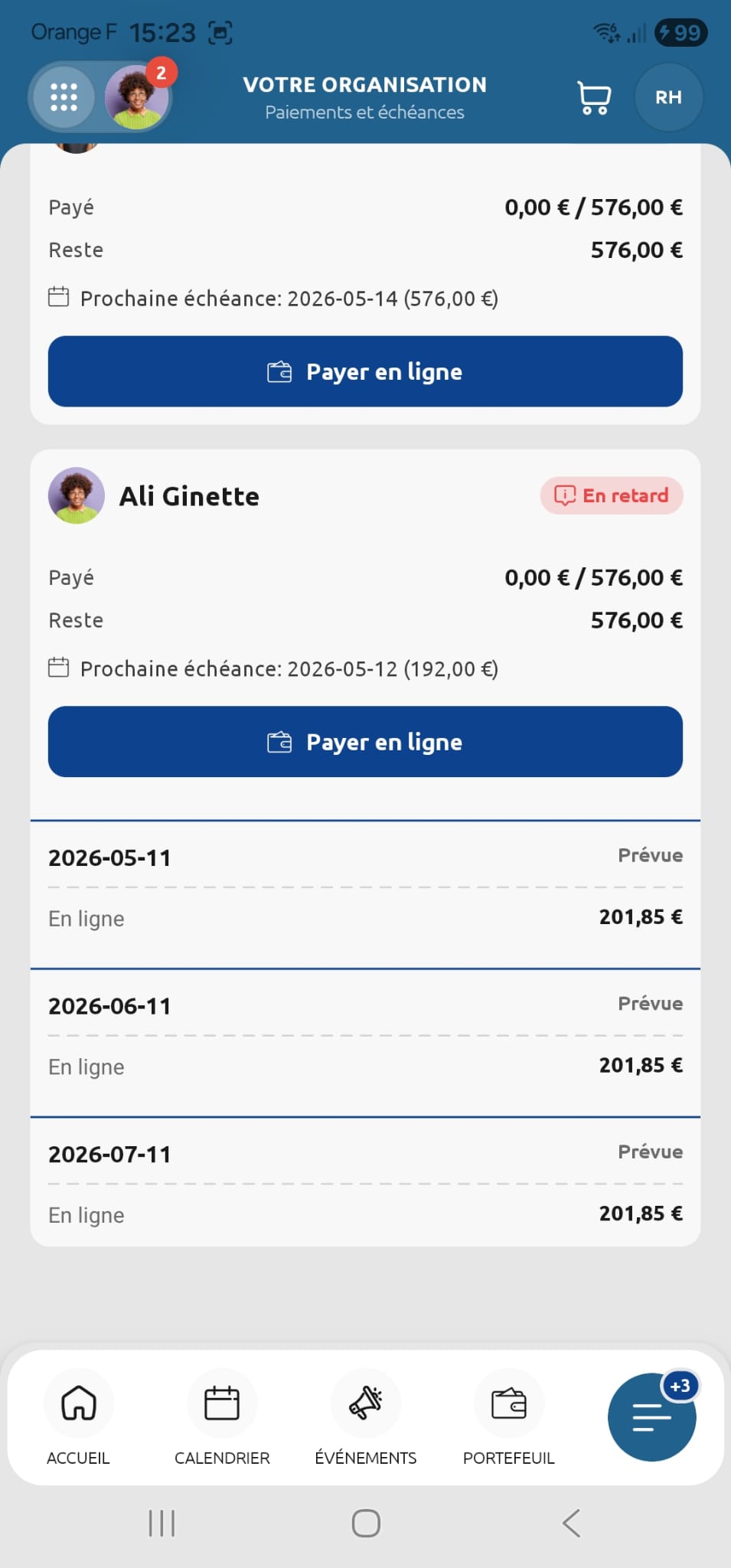 État des cotisations du membre