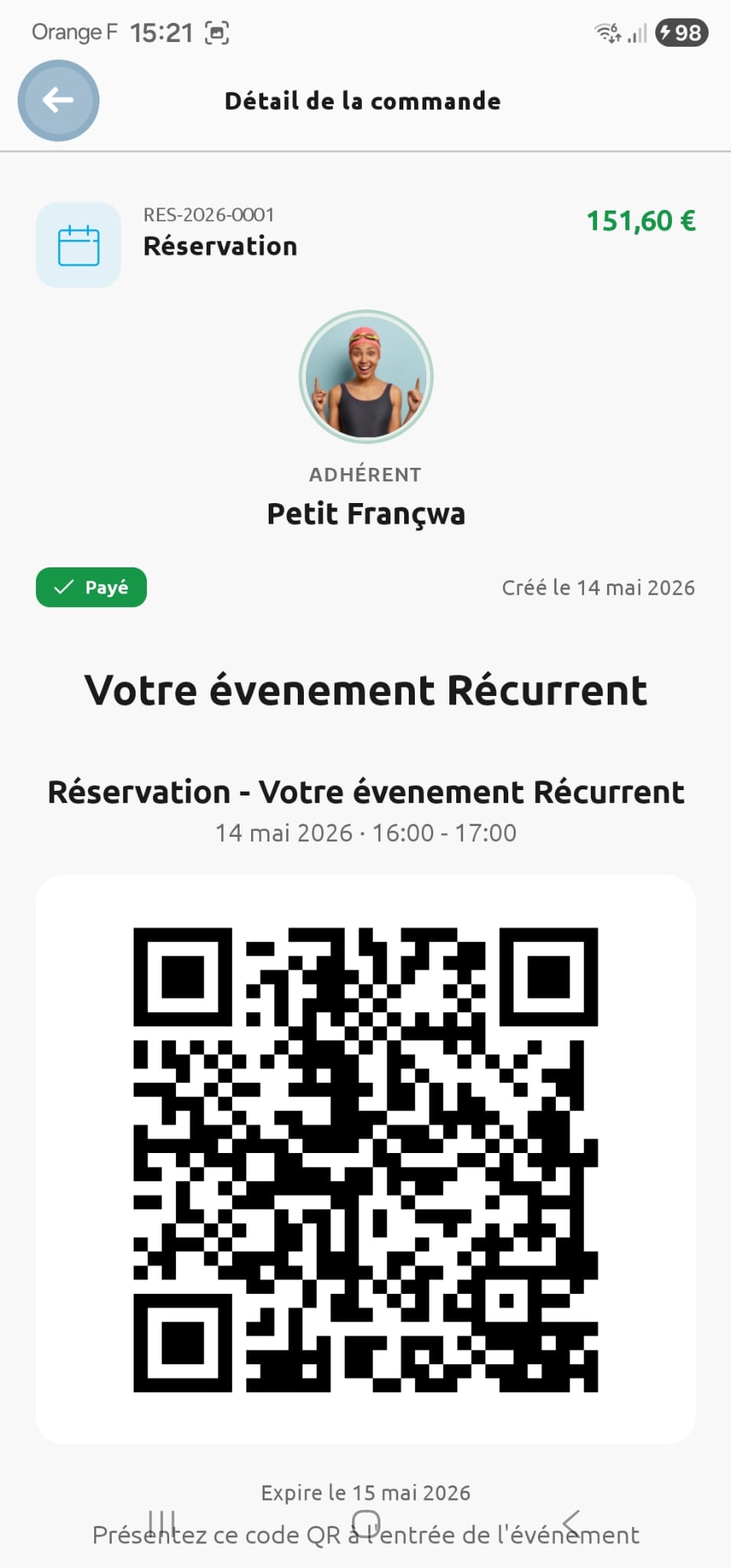 Réservation d’une activité adhérent