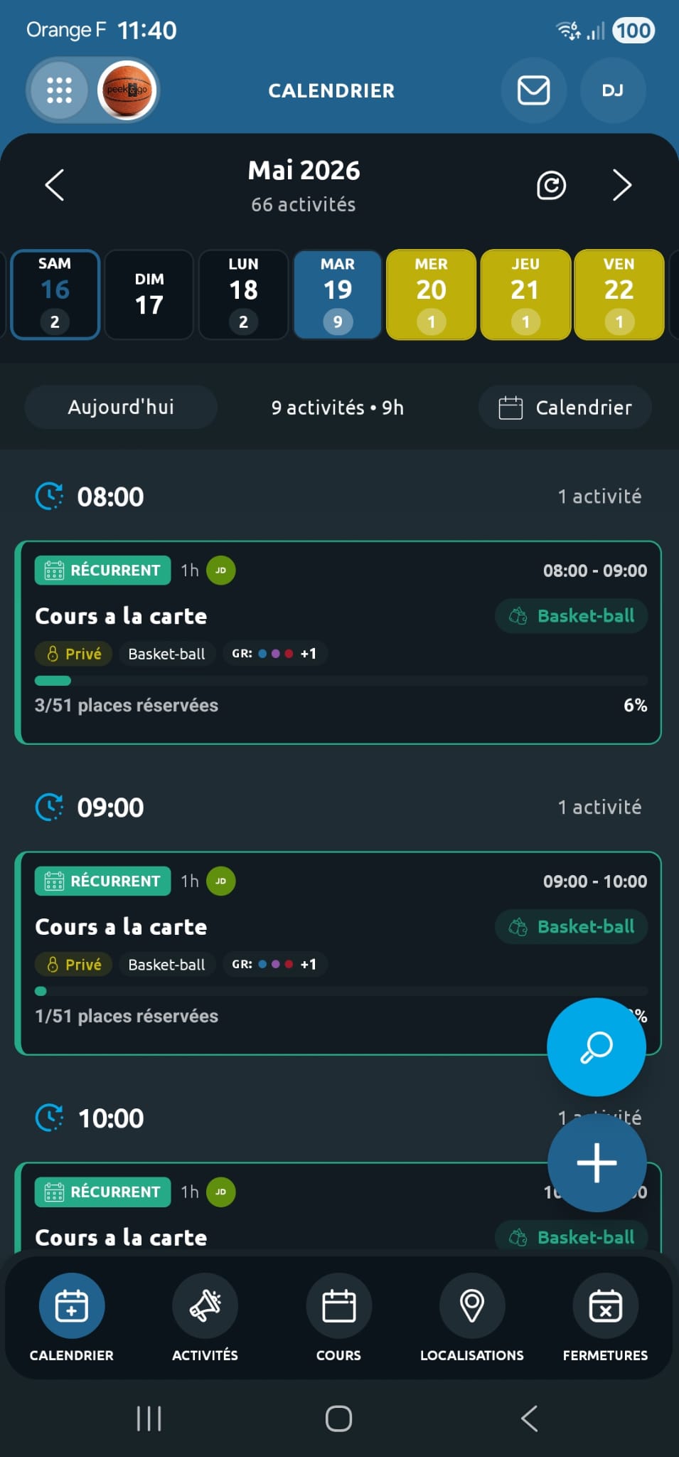 Activités et créneaux